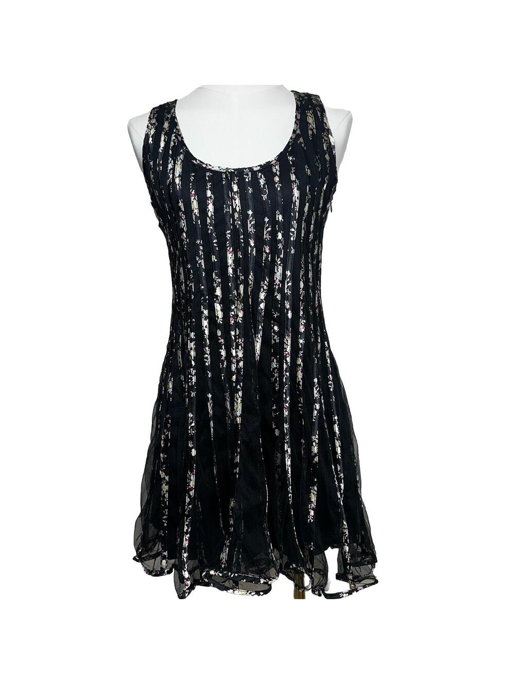 QED London Mini Dress Womens S Black Floral Mesh Panelled Sleeveless Fit Flare